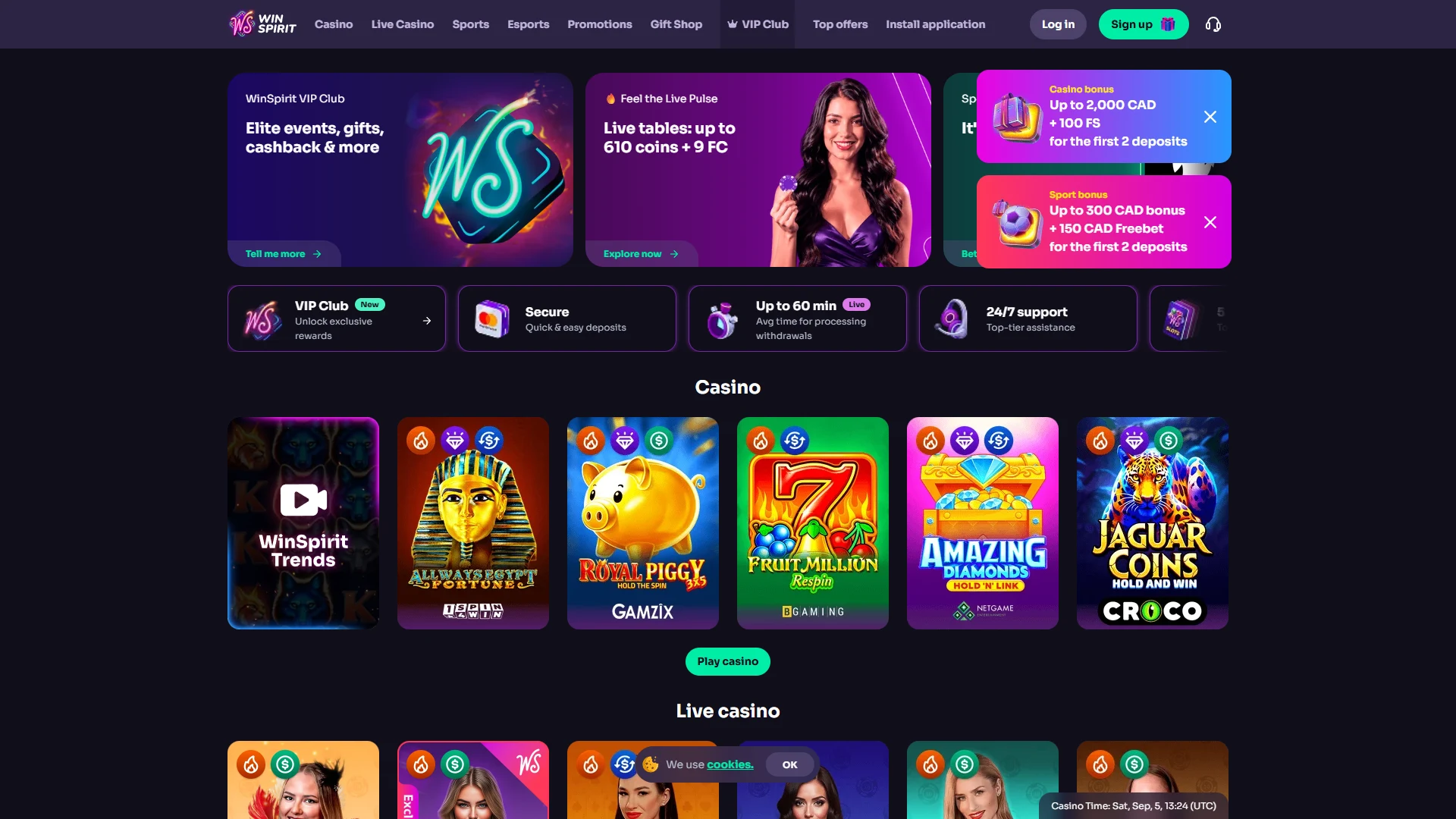 WinSpirit casino lobby on desktop